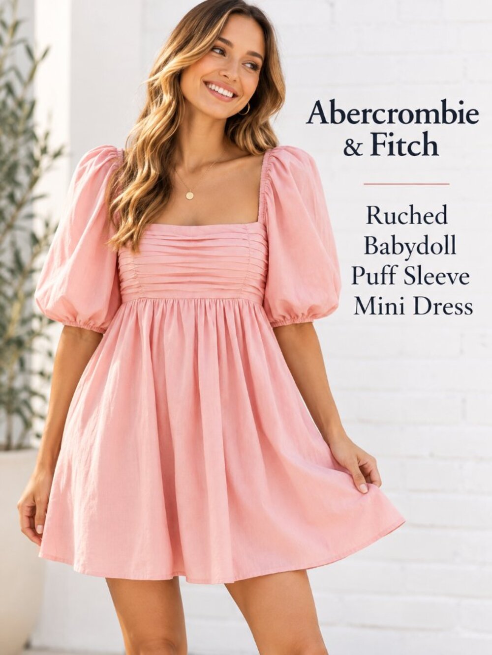 Abercrombie & Fitch Ruched Babydoll Puff Sleeve Mini Dress – Pink – Size SP